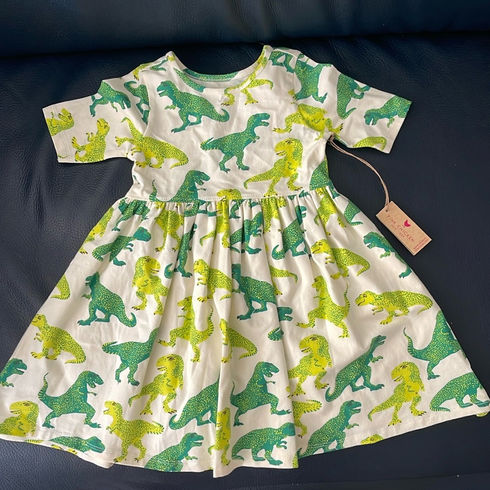 Pink Chicken Steph Dress NEW Organic Cotton Green T-Rex Dress Dinosaur Dino trex